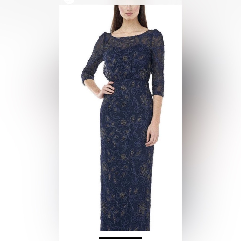 JS Collections- Metallic Soutache Blouson Mesh Gown-Navy- Size 14- NWT- Formal